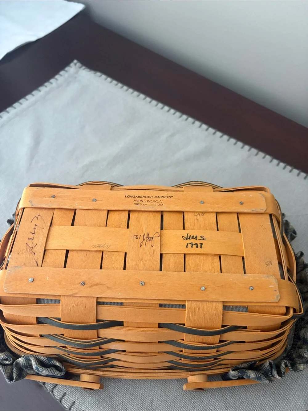 Longaberger Natural Wood Basket with Blue Plaid Liner